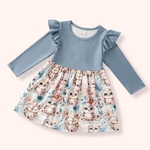 Charming Blue and White Owl Print Kids Dress